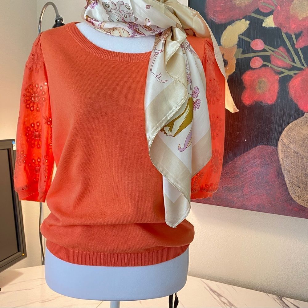 NEW NANETTE LEPORE CORAL LIGHTWEIGHT EYELET SHORT SLEEVE SWEATER S